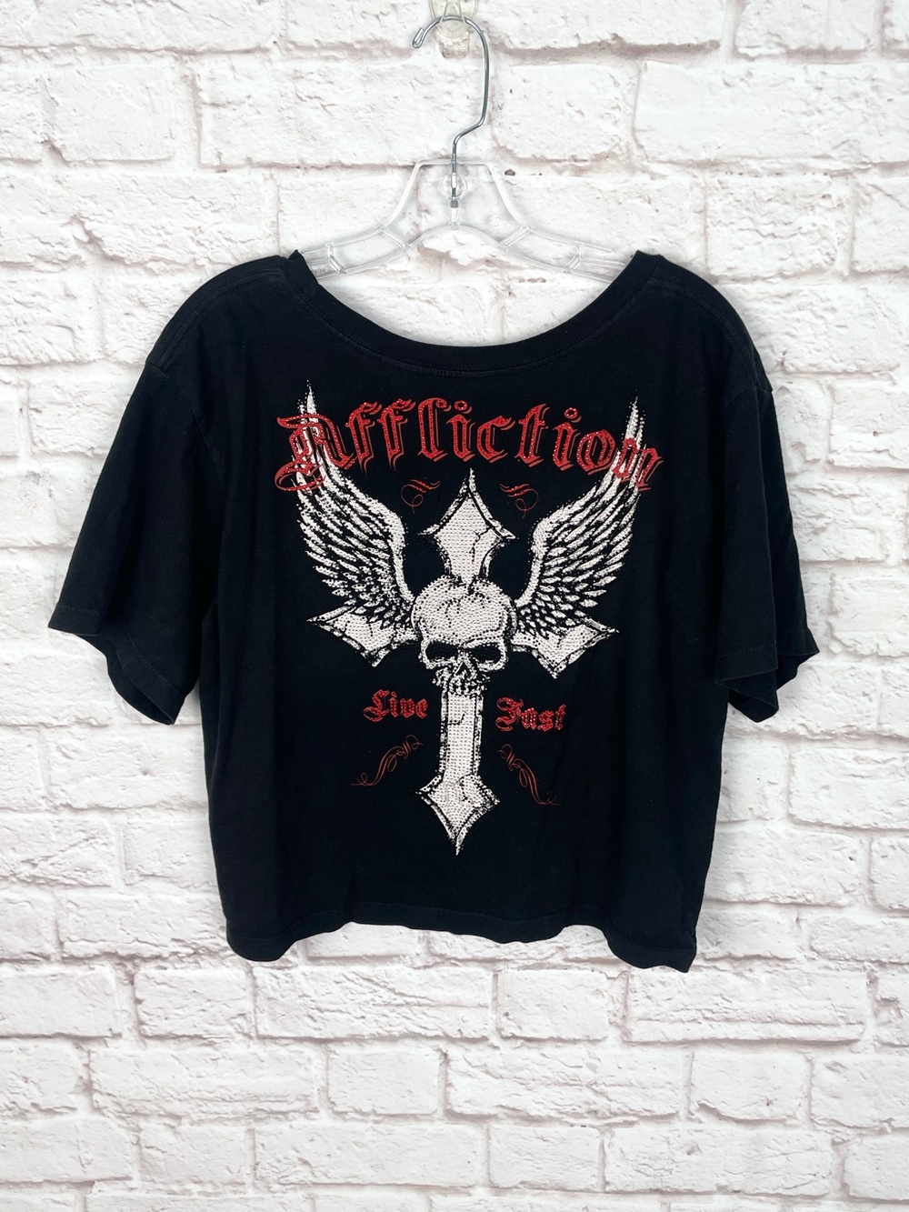 Affliction Live Fast Skull Rhinestone Cropped Black Grunge Tee Size M